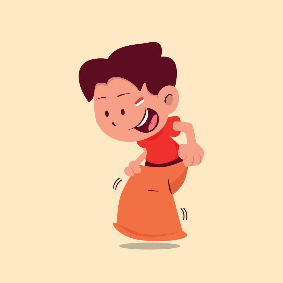 A cute boy doing sack race on Indonesia independence day event vector