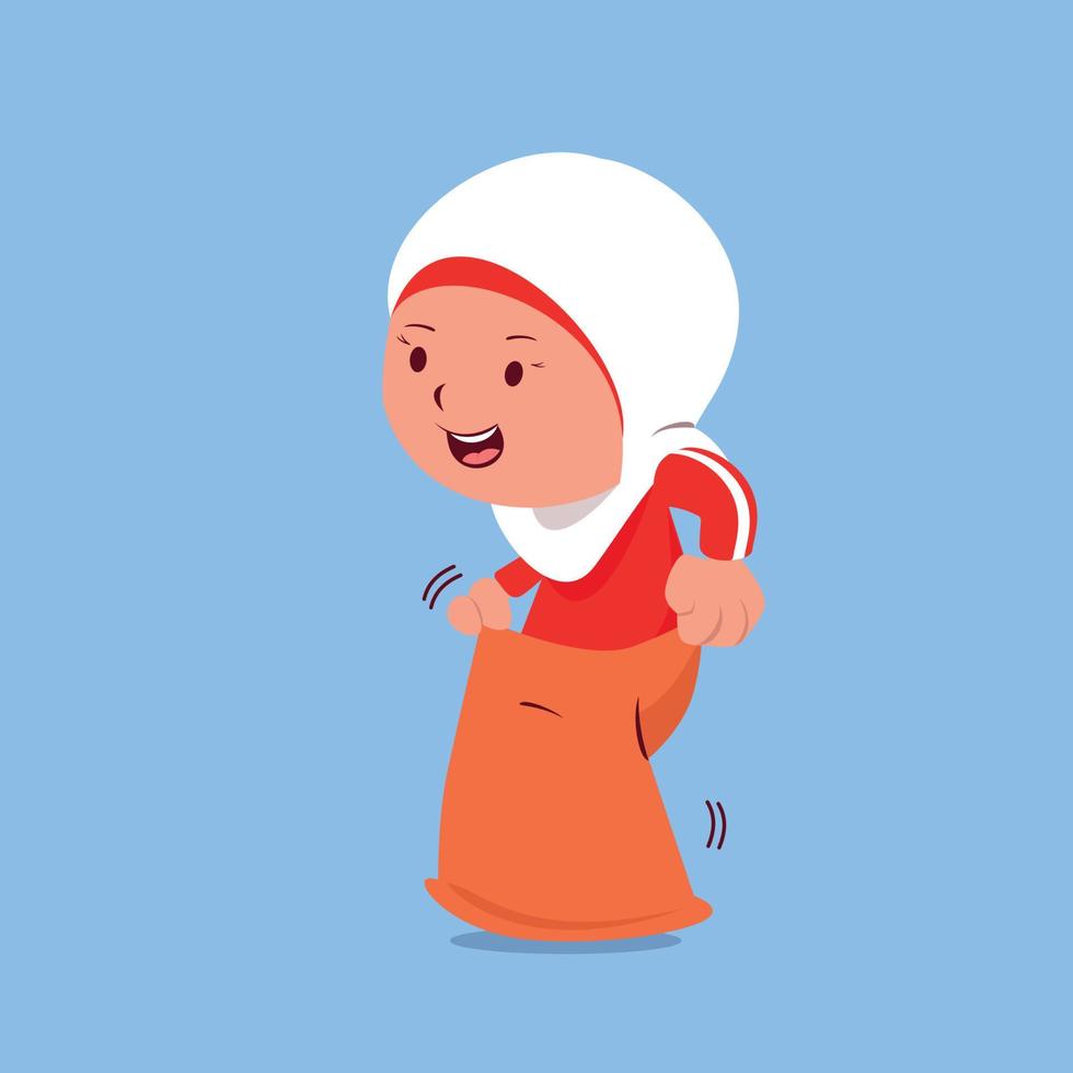 A cute hijab girl doing sack race on Indonesia independence day event vector