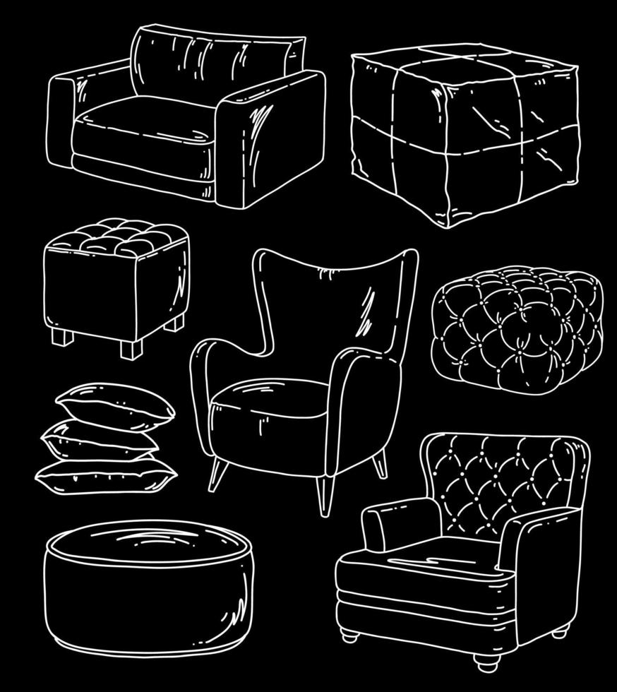 Interior vector line illustration with armchair, pouf and pillow. Loft style room. Line sketch illustration.