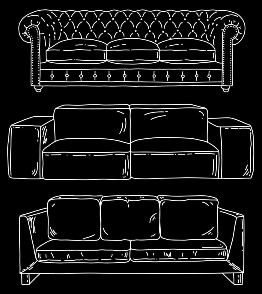 juego de vectores de muebles con sofá. detalles interiores modernos aislados. ilustración de boceto de línea.