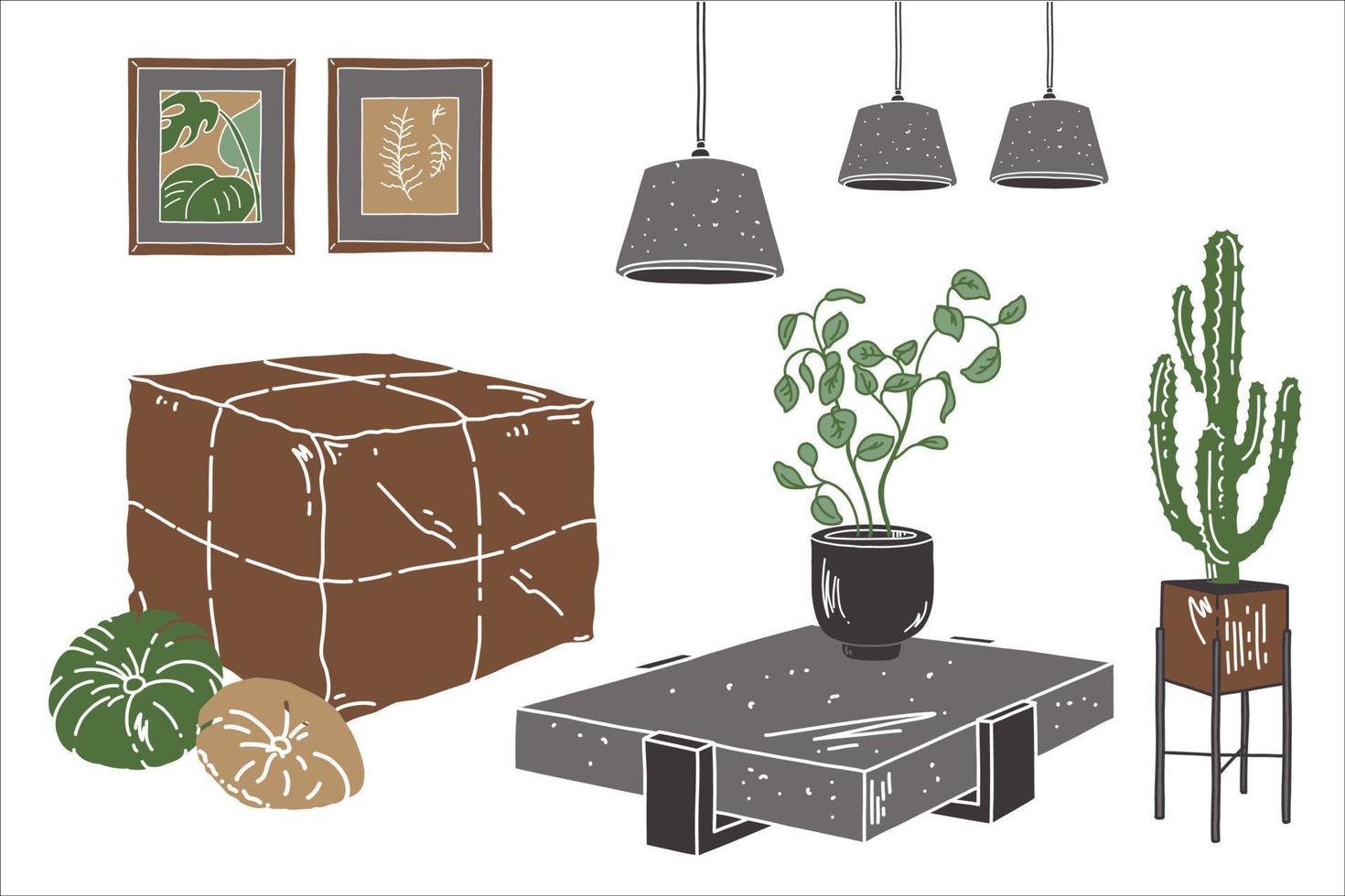 Sketch living apartment. Loft style furniture in living room. Flat vector illustration with brown pouf, lamp, pillow, table and home plants.