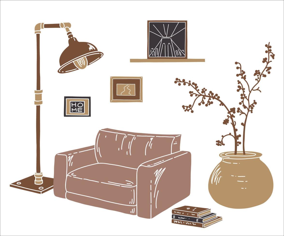 Flat vector sketch of living room. Industrial style furniture. Hand drawing living room with armchair, lamp, frame on the wall, pot and home plant.
