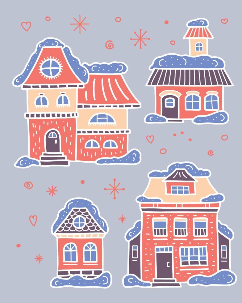 Winter set with pink houses and snowflakes. Snow on the roof. Christmas time. Happy new year celebration. Vector clipart