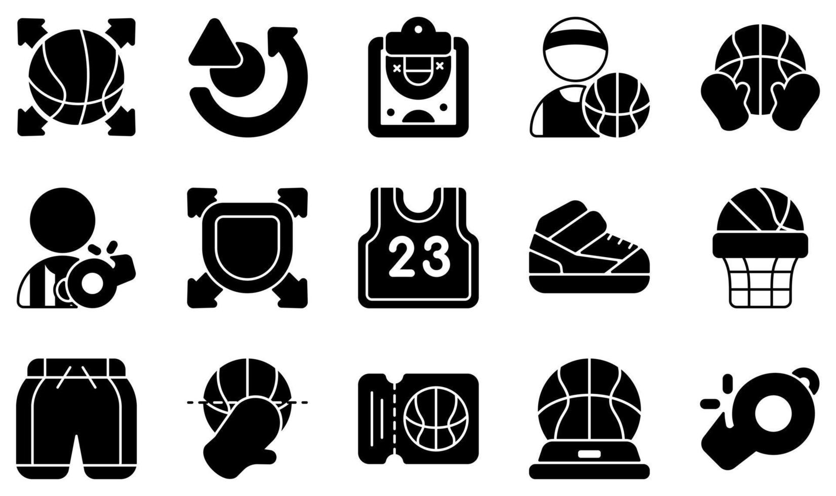 conjunto de iconos vectoriales relacionados con el baloncesto. contiene íconos como pase, plan, jugador, rebote, árbitro, camiseta y más. vector