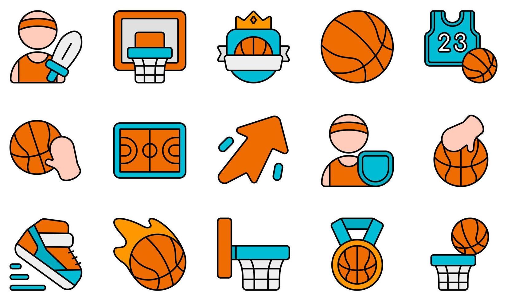 conjunto de iconos vectoriales relacionados con el baloncesto. contiene íconos como ataque, tablero, placa, pelota, baloncesto, bloque y más. vector