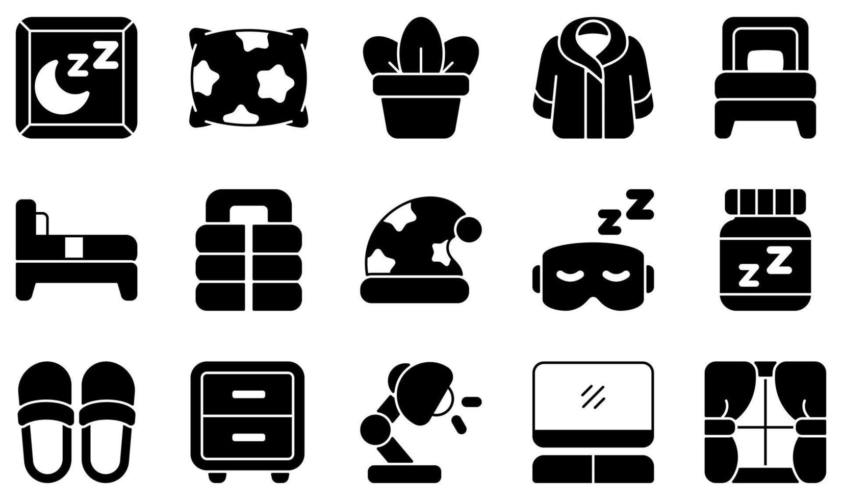 Set of Vector Icons Related to Bedroom. Contains such Icons as Pillow, Single Bed, Sleeping Bag, Slipper, Table, Television and more.