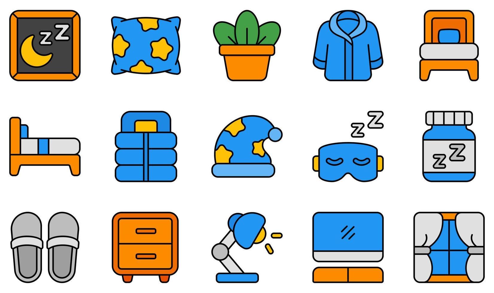 Set of Vector Icons Related to Bedroom. Contains such Icons as Pillow, Single Bed, Sleeping Bag, Slipper, Table, Television and more.