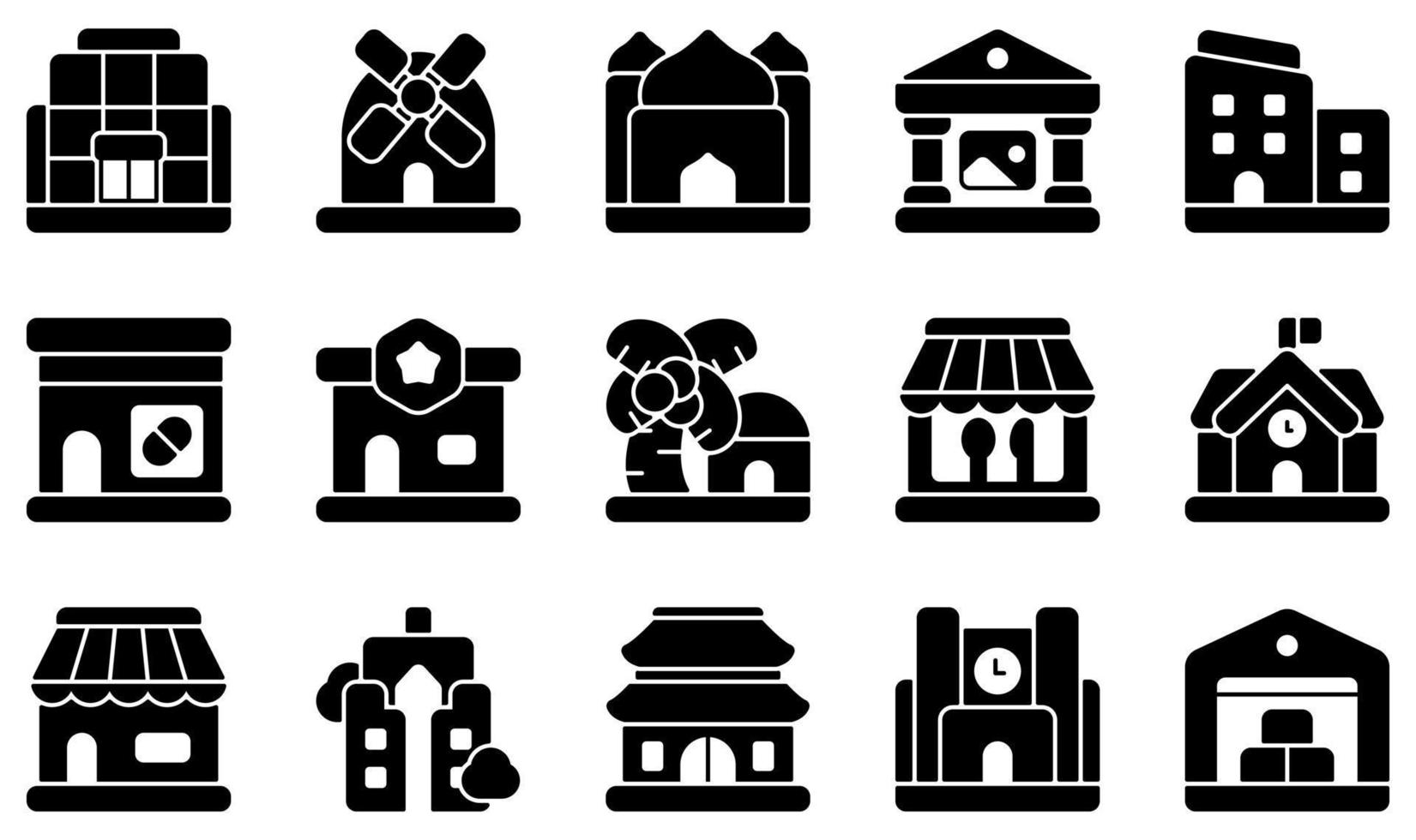 conjunto de iconos vectoriales relacionados con edificios. contiene íconos como centro comercial, molino, mezquita, museo, oficina, farmacia y más. vector