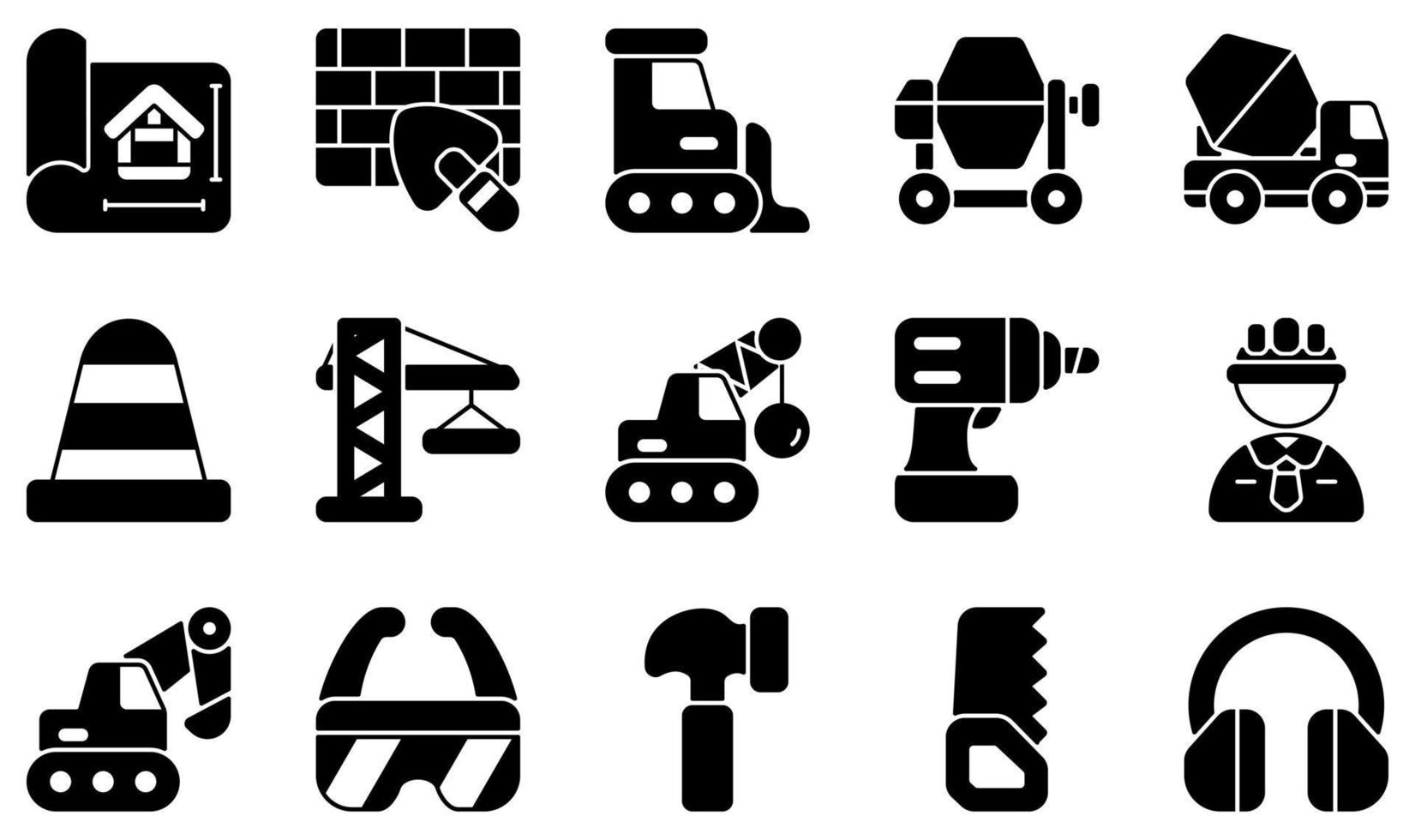 conjunto de iconos vectoriales relacionados con la construcción. contiene íconos como planos, paredes de ladrillos, excavadoras, grúas, ingenieros, excavadoras y más. vector