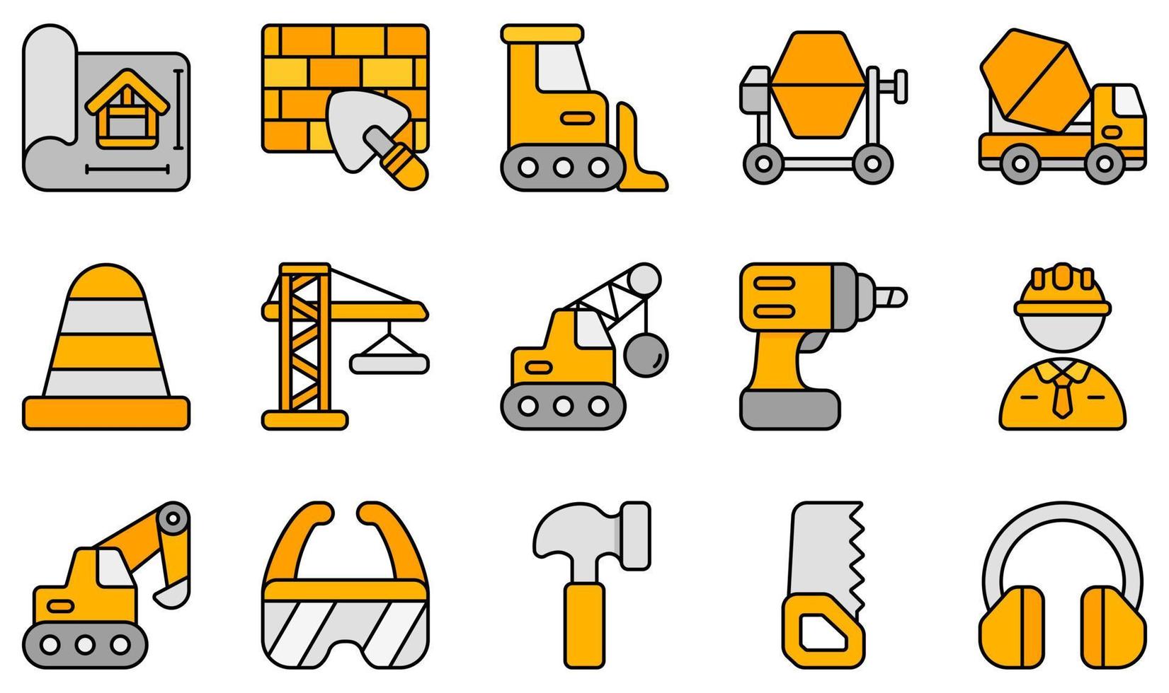 Set of Vector Icons Related to Construction. Contains such Icons as Blueprint, Brickwall, Bulldozer, Crane, Engineer, Excavator and more.