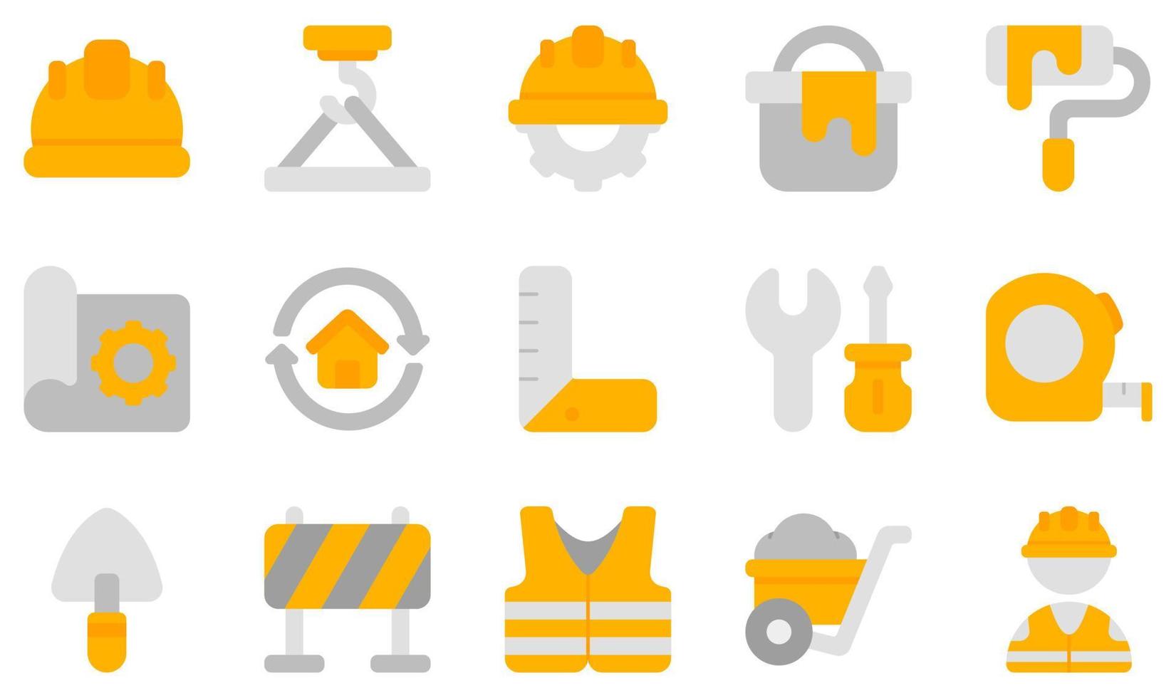 Set of Vector Icons Related to Construction. Contains such Icons as Helmet, Maintenance, Paint Bucket, Vest, Wheelbarrow, Worker and more.