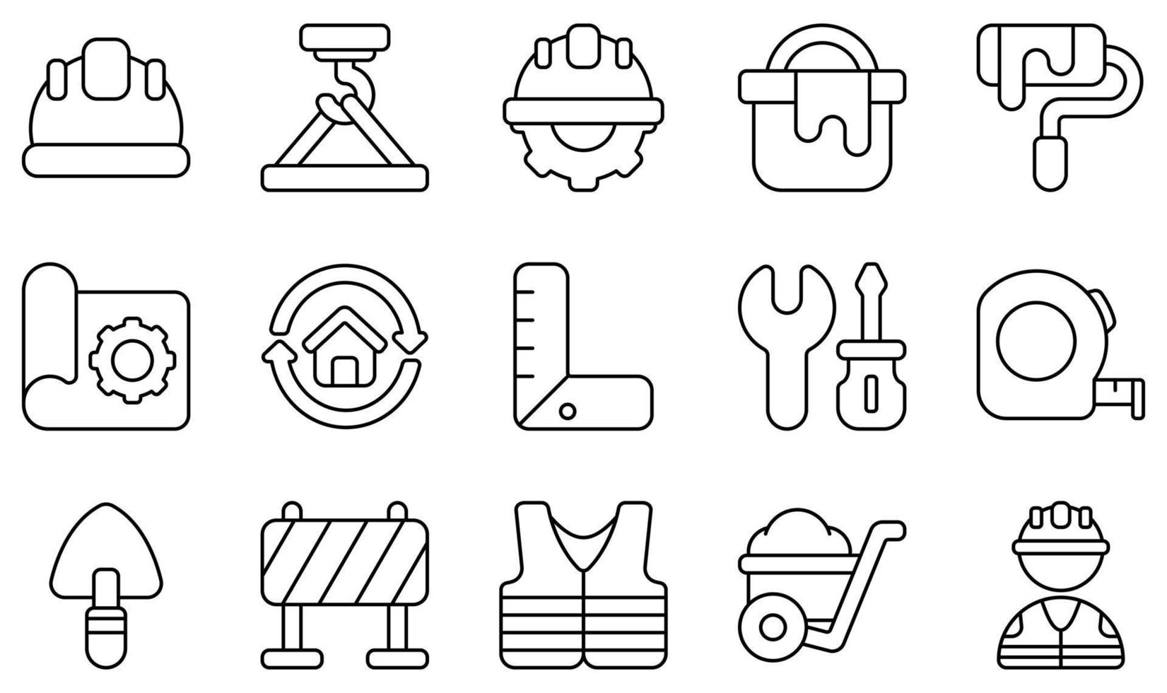 conjunto de iconos vectoriales relacionados con la construcción. contiene íconos como casco, mantenimiento, cubo de pintura, chaleco, carretilla, trabajador y más. vector