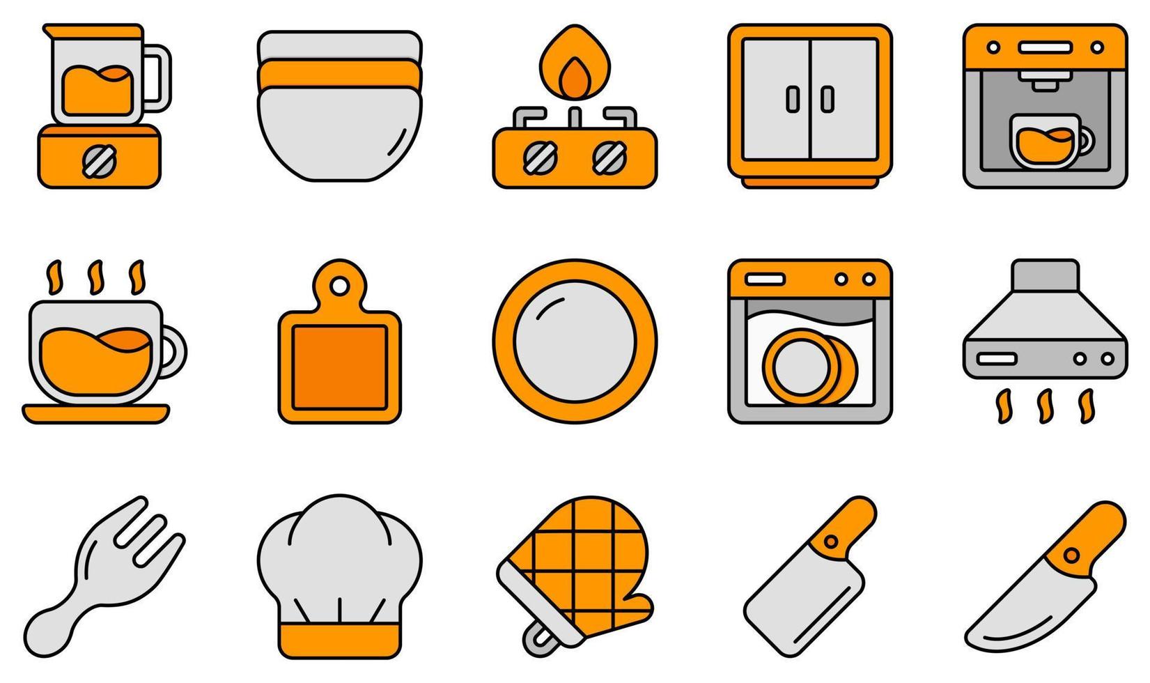 Set of Vector Icons Related to Kitchen. Contains such Icons as Blender, Bowl, Burner, Cabinet, Cup, Dish and more.