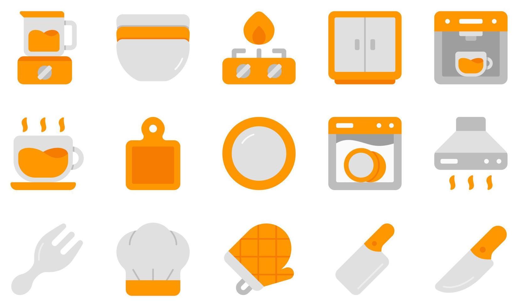 conjunto de iconos vectoriales relacionados con la cocina. contiene íconos como licuadora, tazón, quemador, gabinete, taza, plato y más. vector