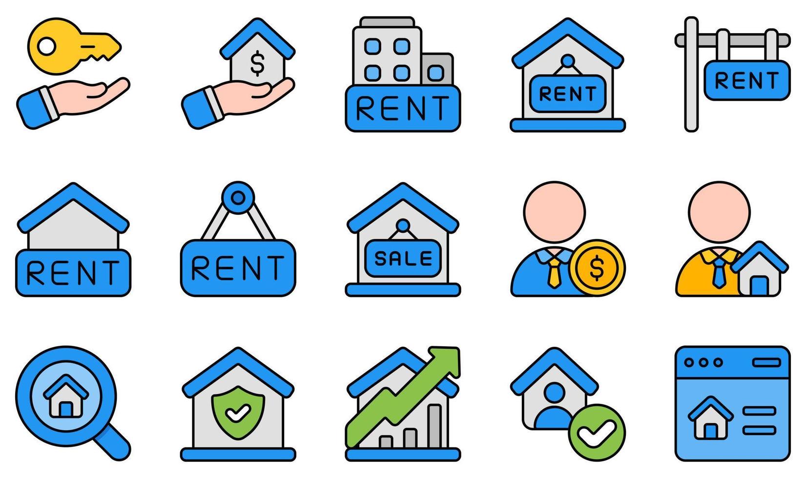 Set of Vector Icons Related to Rental Property. Contains such Icons as Owner, Real Estate, Rent, Sale, Sales Agent, Search and more.