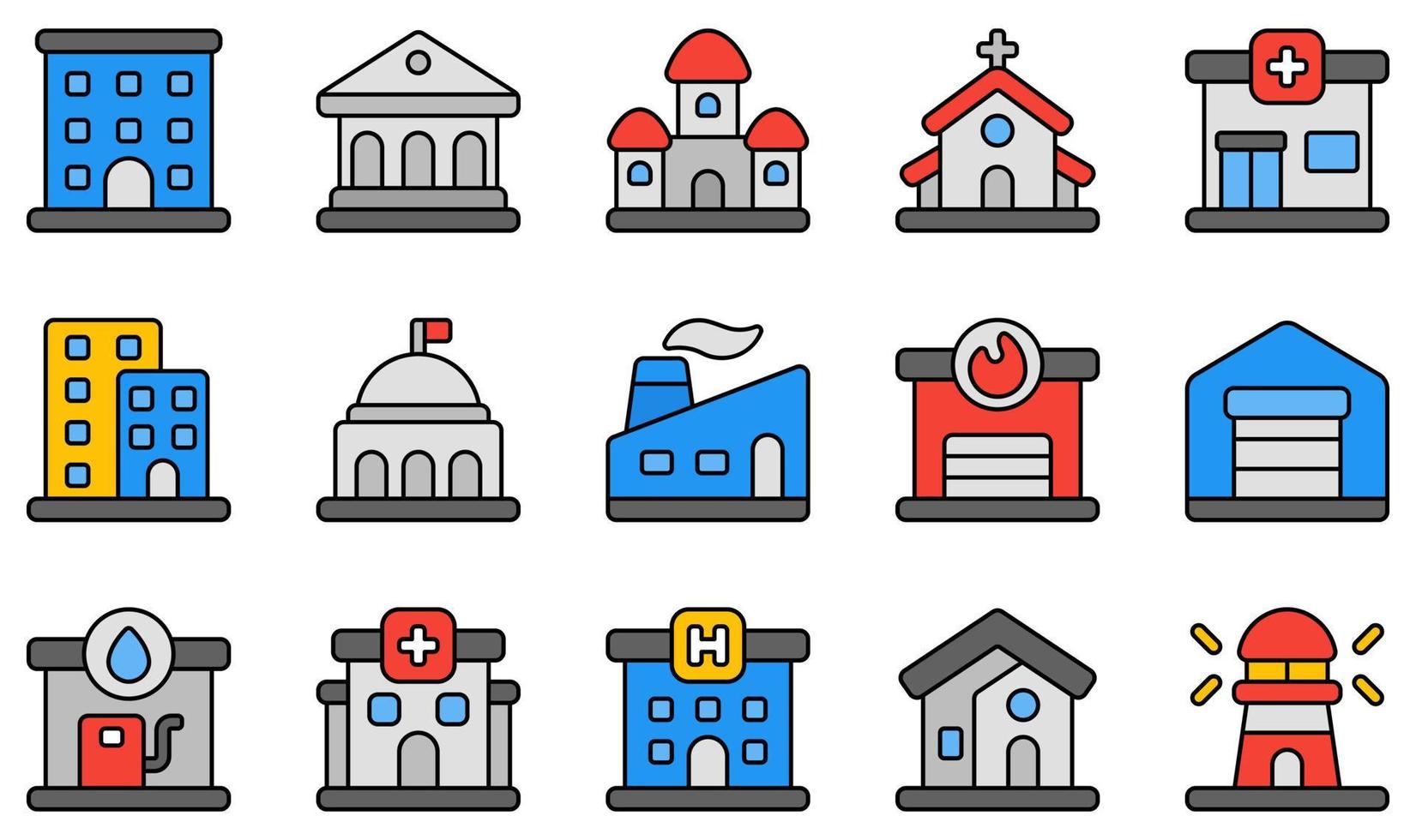 conjunto de iconos vectoriales relacionados con edificios. contiene íconos como apartamento, banco, castillo, iglesia, clínica, condominio y más. vector