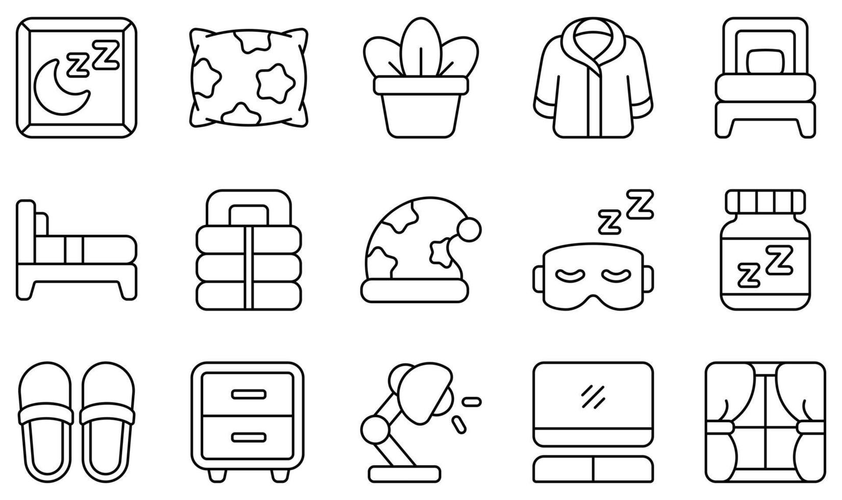 Set of Vector Icons Related to Bedroom. Contains such Icons as Pillow, Single Bed, Sleeping Bag, Slipper, Table, Television and more.