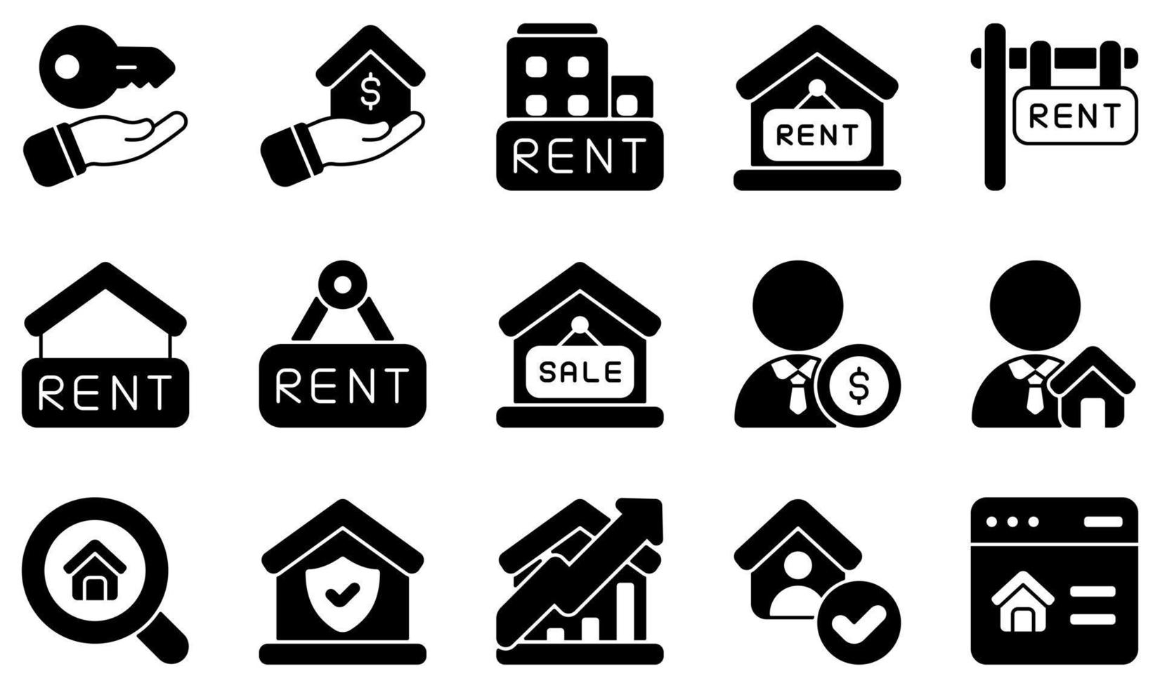 conjunto de iconos vectoriales relacionados con la propiedad de alquiler. contiene íconos como propietario, bienes raíces, alquiler, venta, agente de ventas, búsqueda y más. vector