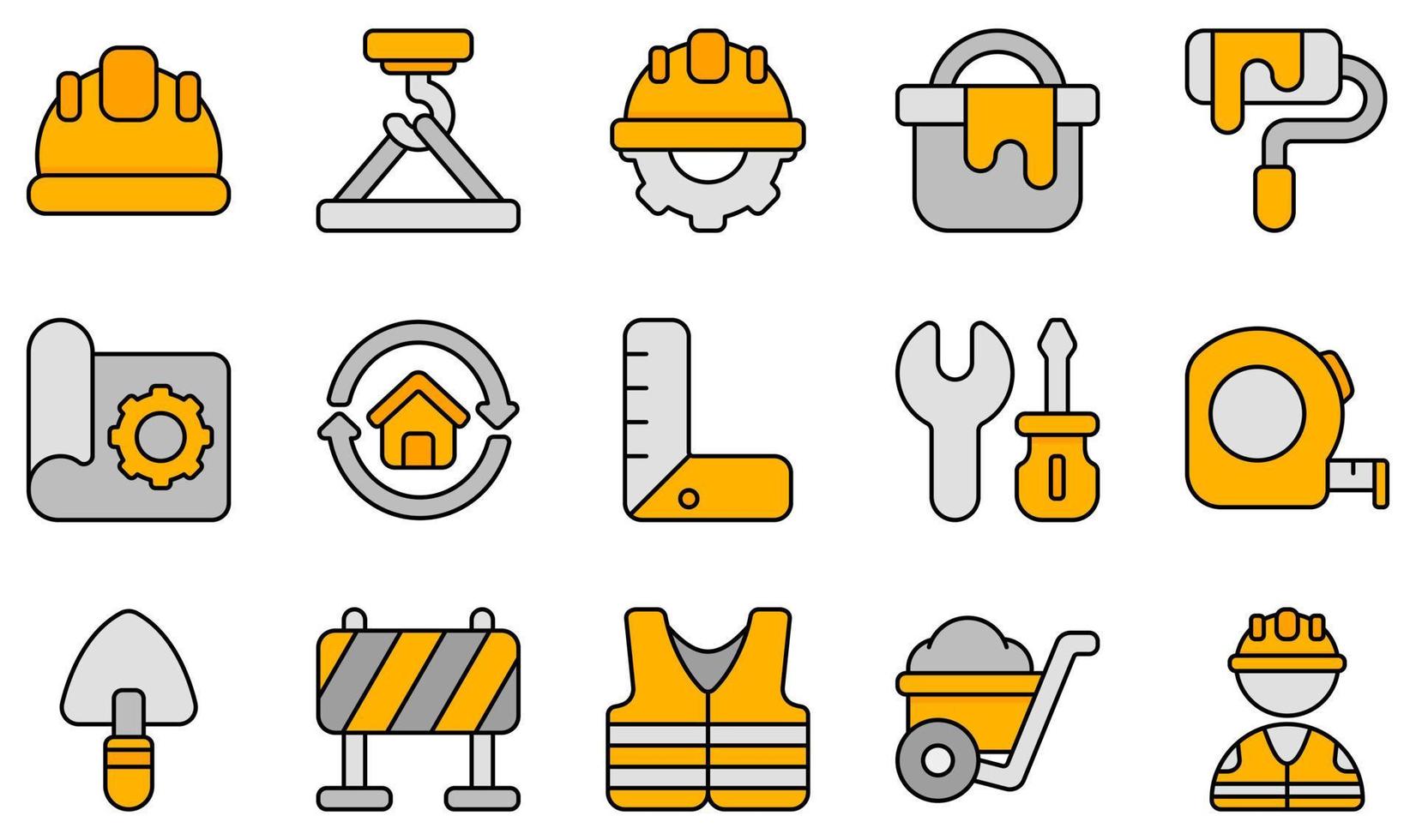 conjunto de iconos vectoriales relacionados con la construcción. contiene íconos como casco, mantenimiento, cubo de pintura, chaleco, carretilla, trabajador y más. vector