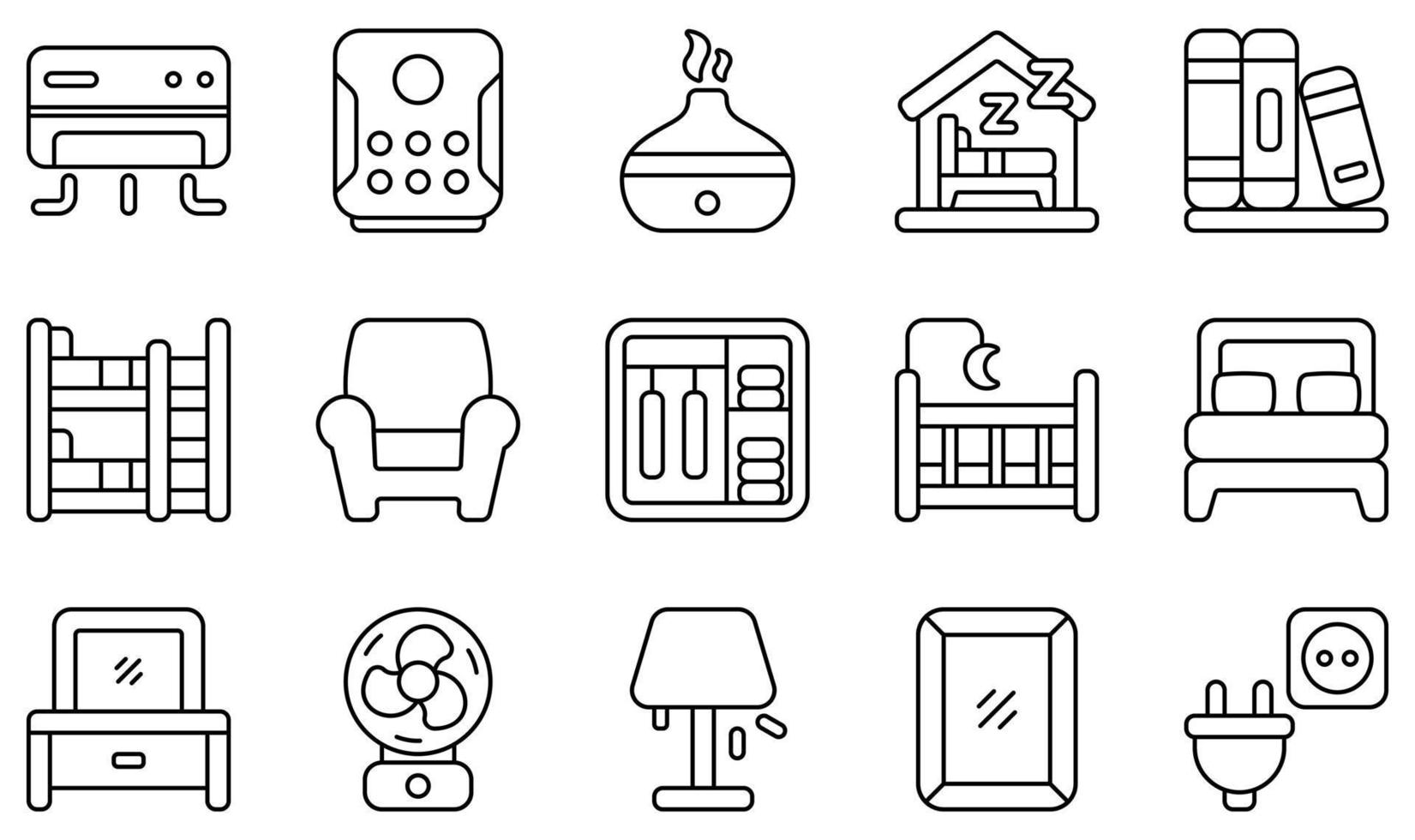 conjunto de iconos vectoriales relacionados con el dormitorio. contiene íconos como dormitorio, libro, litera, armario, silla, tocador y más. vector