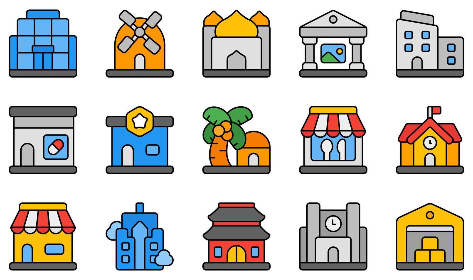 Set of Vector Icons Related to Buildings. Contains such Icons as Mall, Mill, Mosque, Museum, Office, Pharmacy and more.