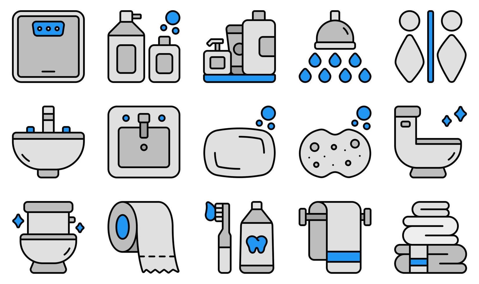 conjunto de iconos vectoriales relacionados con el baño. contiene íconos como báscula, champú, ducha, fregadero, jabón, inodoro y más. vector