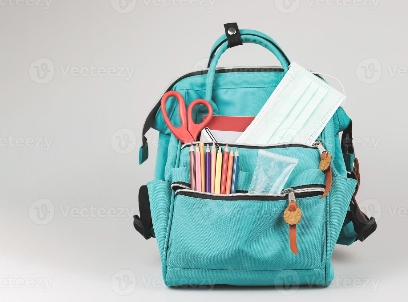 backpack with school supplies , medical mask and alcohol sanitizer gel on white  background with copy space. COVID-19 prevention while going back  to school  and new normal  concept. photo