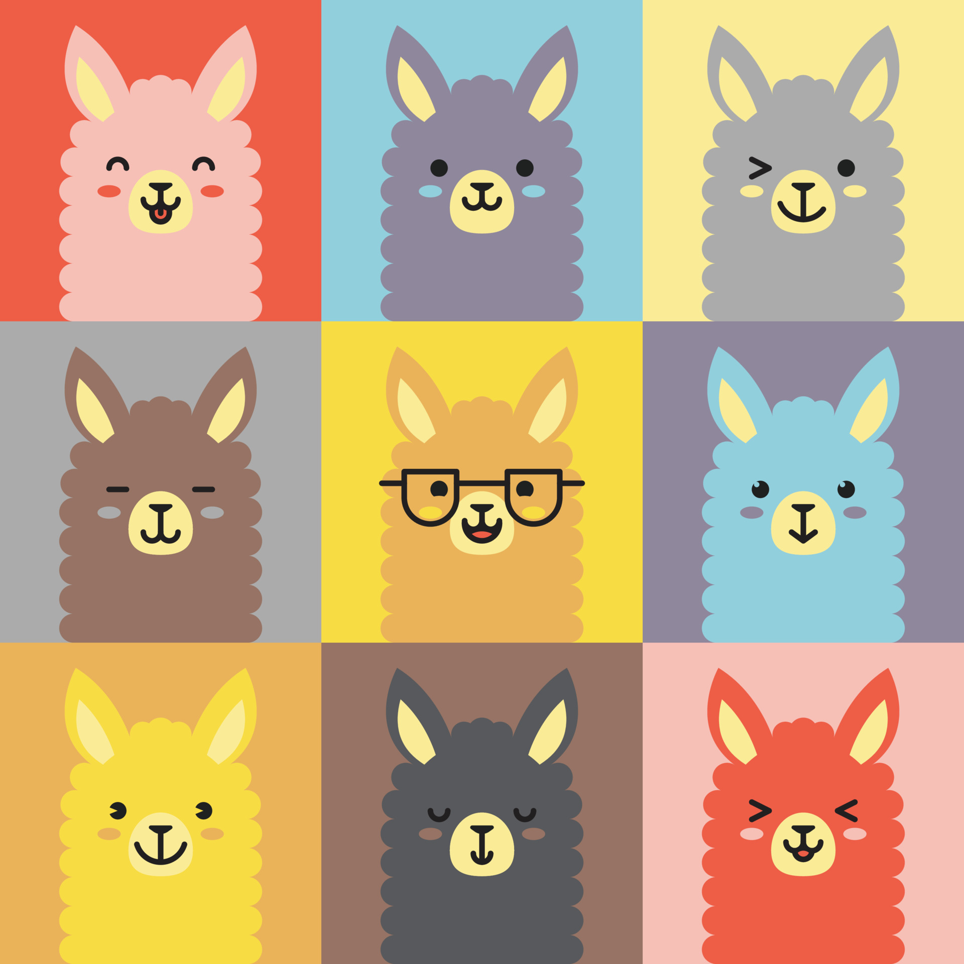 Set of various llama facial expression avatars. Adorable cute baby animal  head vector illustration. Simple design of happy smiling animal cartoon  face emoticon. Graphics and colorful backgrounds. 10282464 Vector Art at  Vecteezy