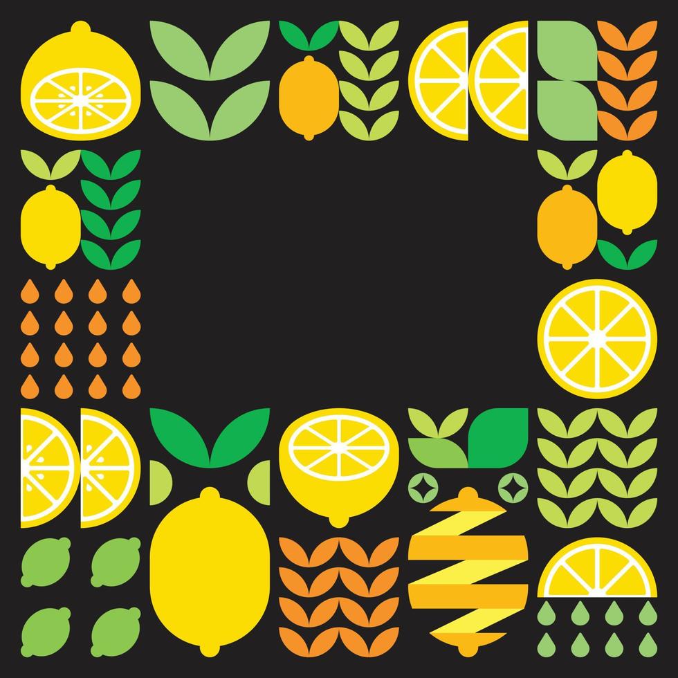 Minimalist flat vector frame, lemon fruit icon symbol. Simple geometric illustration of citrus, oranges, lemonade and leaves. Abstract pattern on black background. For copy space, social media posts.