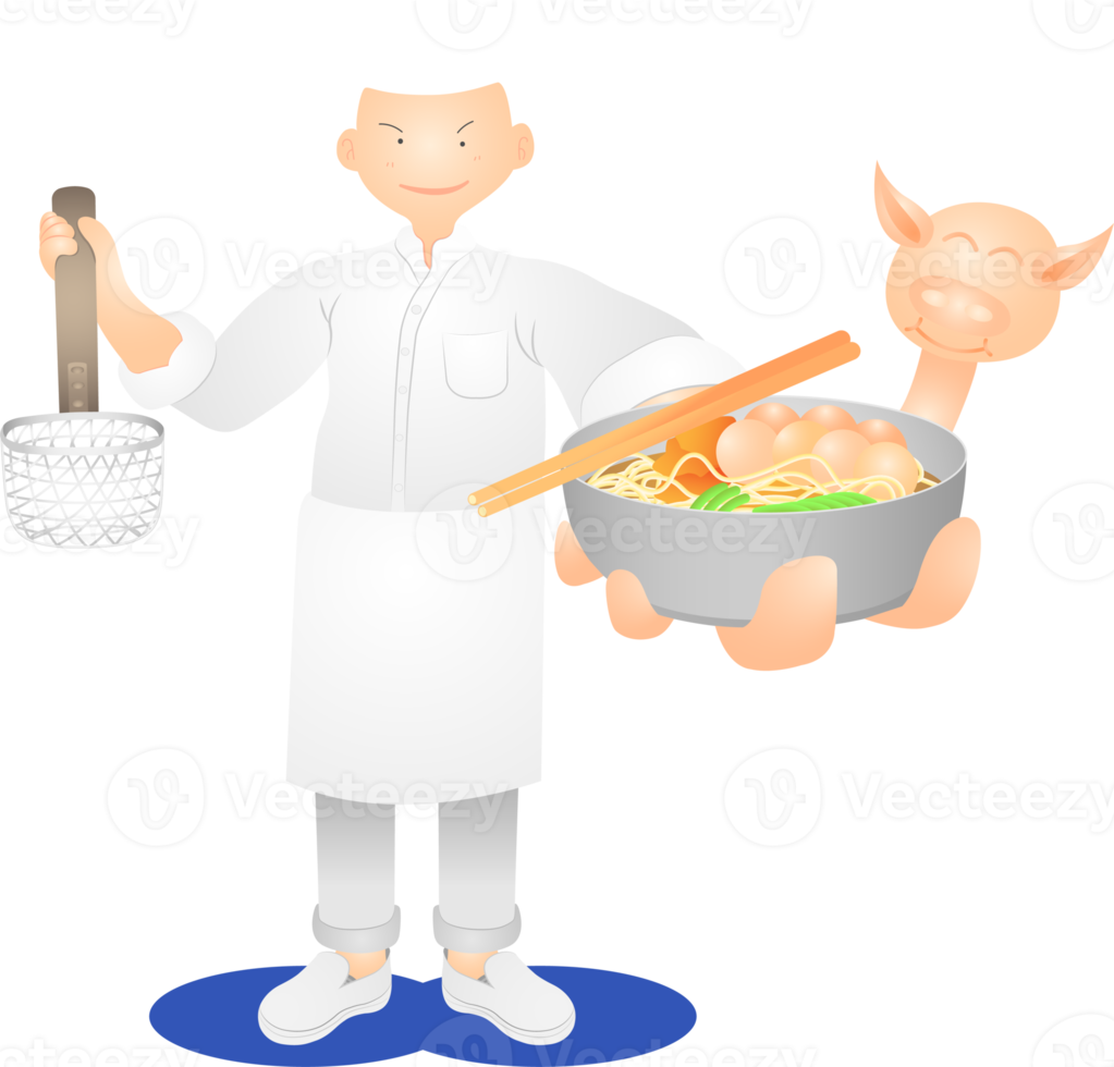 a white hair man chef standing and showing the delicious yummy palatable luscious dainty toothsome delectable scrumptious pork noodles thailand food menu. png