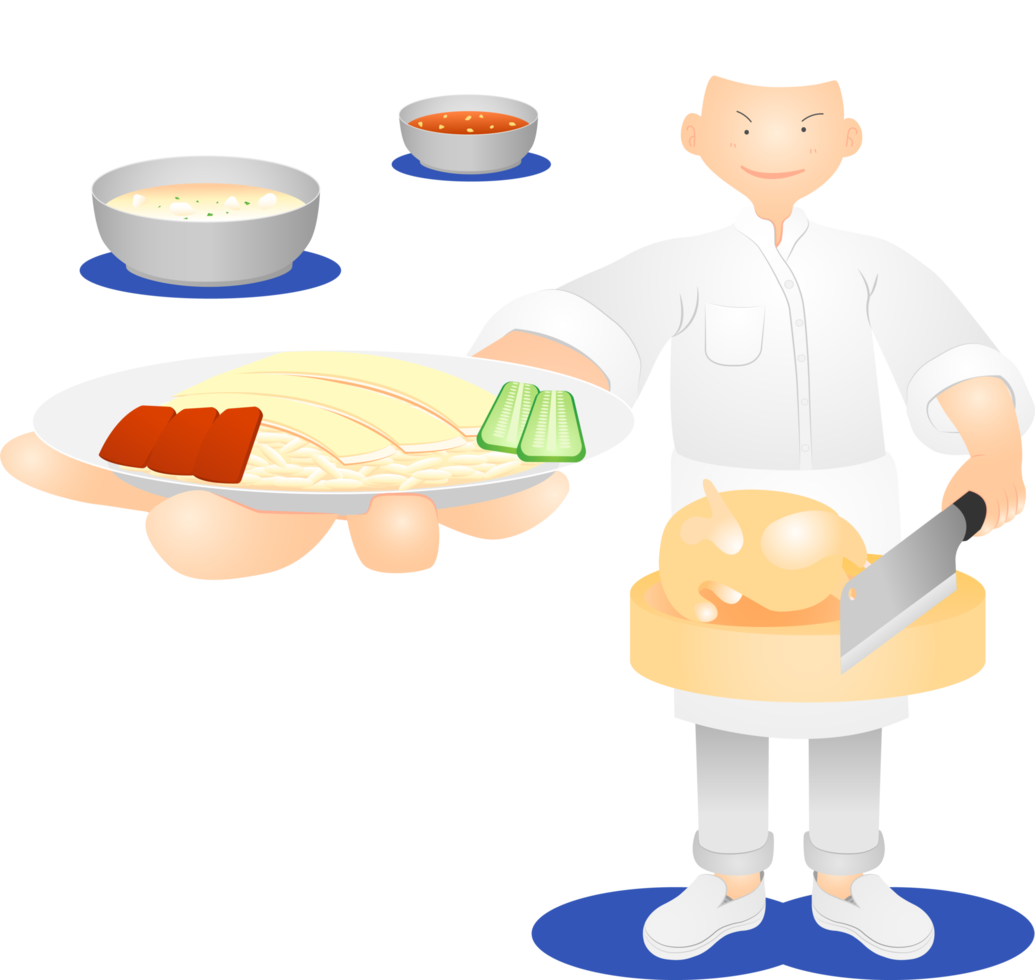 a white hair man chef standing and showing the delicious yummy palatable luscious dainty toothsome delectable scrumptious steamed rice topped with chicken thailand food menu. png