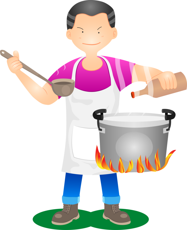 el chef comerciante está cocinando con salsa de pescado y sosteniendo un cucharón para probar la comida. png