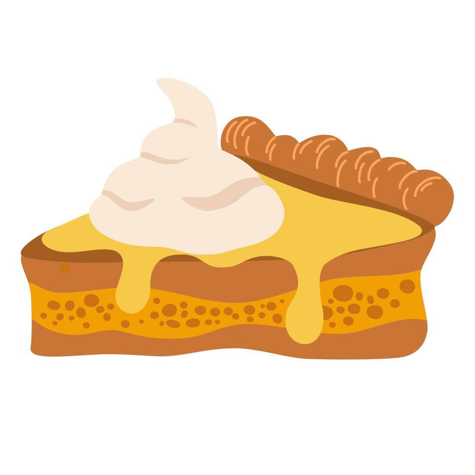 Cream pie. Piece of pumpkin pie with whipped cream. Sweet autumn dessert. Perfect for printing, poster, menu and restaurant. Vector flat illustration isolated on the white background.