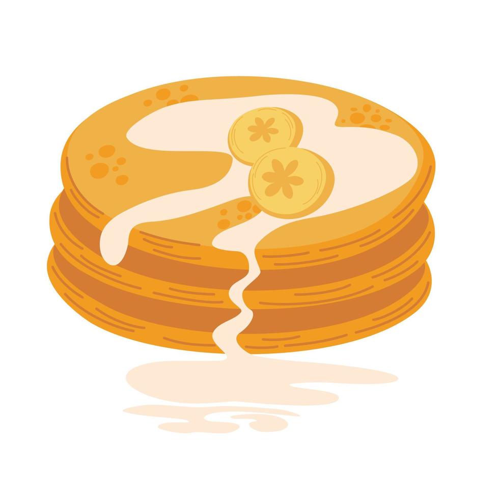 tortitas con plátano y caramelo. postre dulce. alimentación saludable. desayuno. perfecto para impresión, afiche, menú y restaurante. ilustración plana vectorial aislada en el fondo blanco. vector