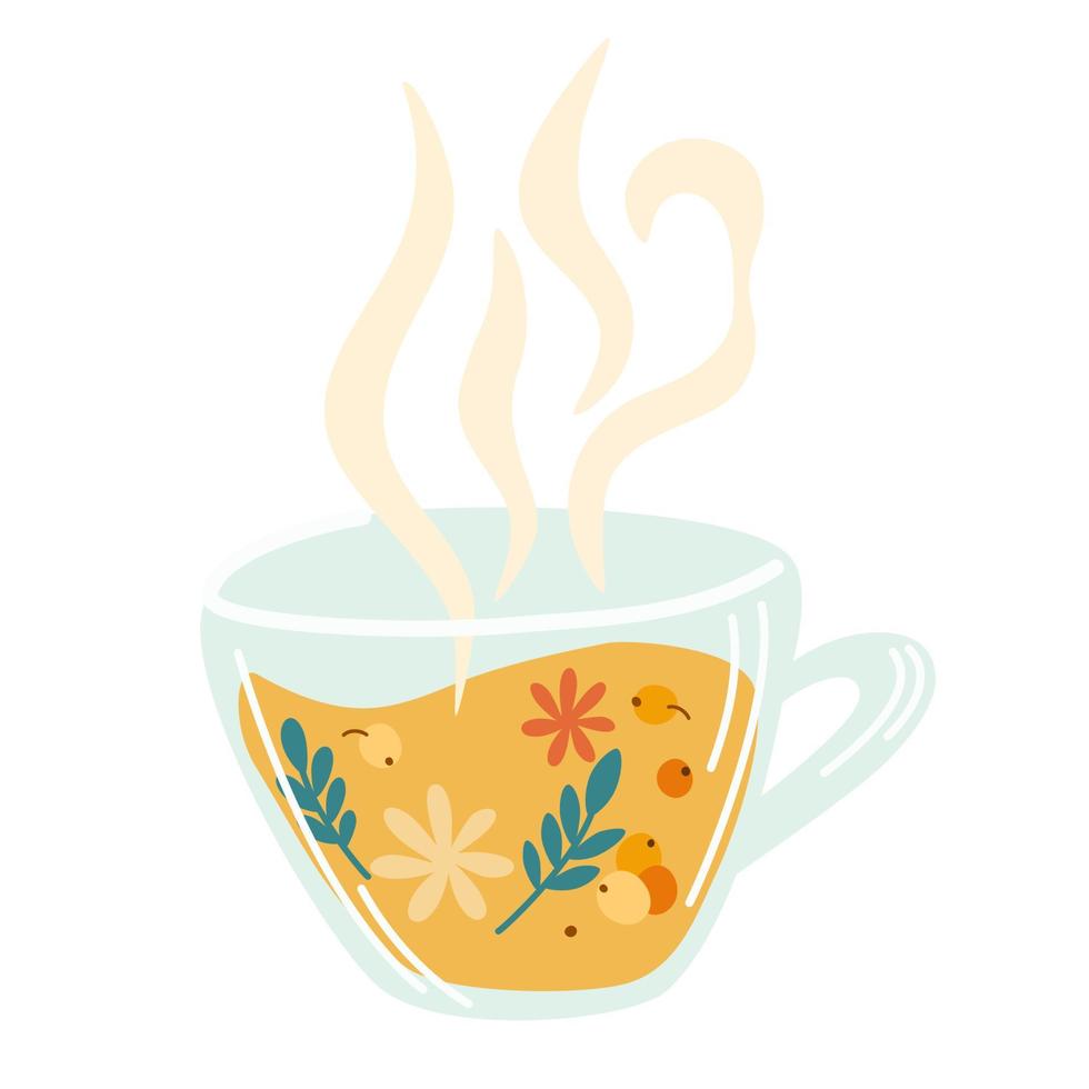 taza con bayas de té y hojas. bebida natural caliente para la salud. farmacéutico del cartel de bienestar natural, orgánico, té de hierbas, rodajas de naranja y hierbas. ilustración de dibujos animados de vectores