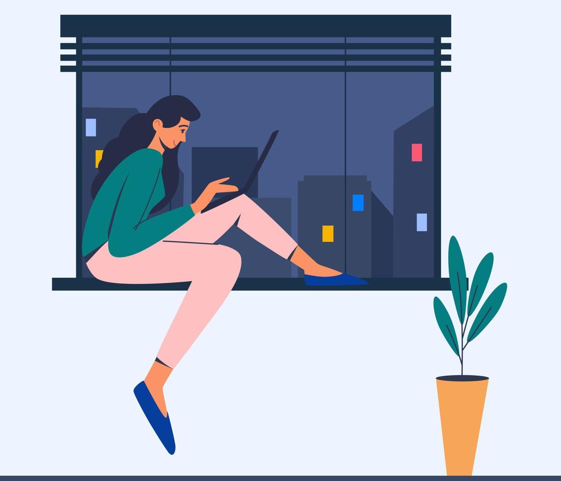 mujer trabajando en una computadora. concepto de comunicación empresarial. la joven está sentada junto a la ventana con una computadora portátil. freelance, negocio, trabajo, estudiante. ilustración vectorial plana de moda aislada vector