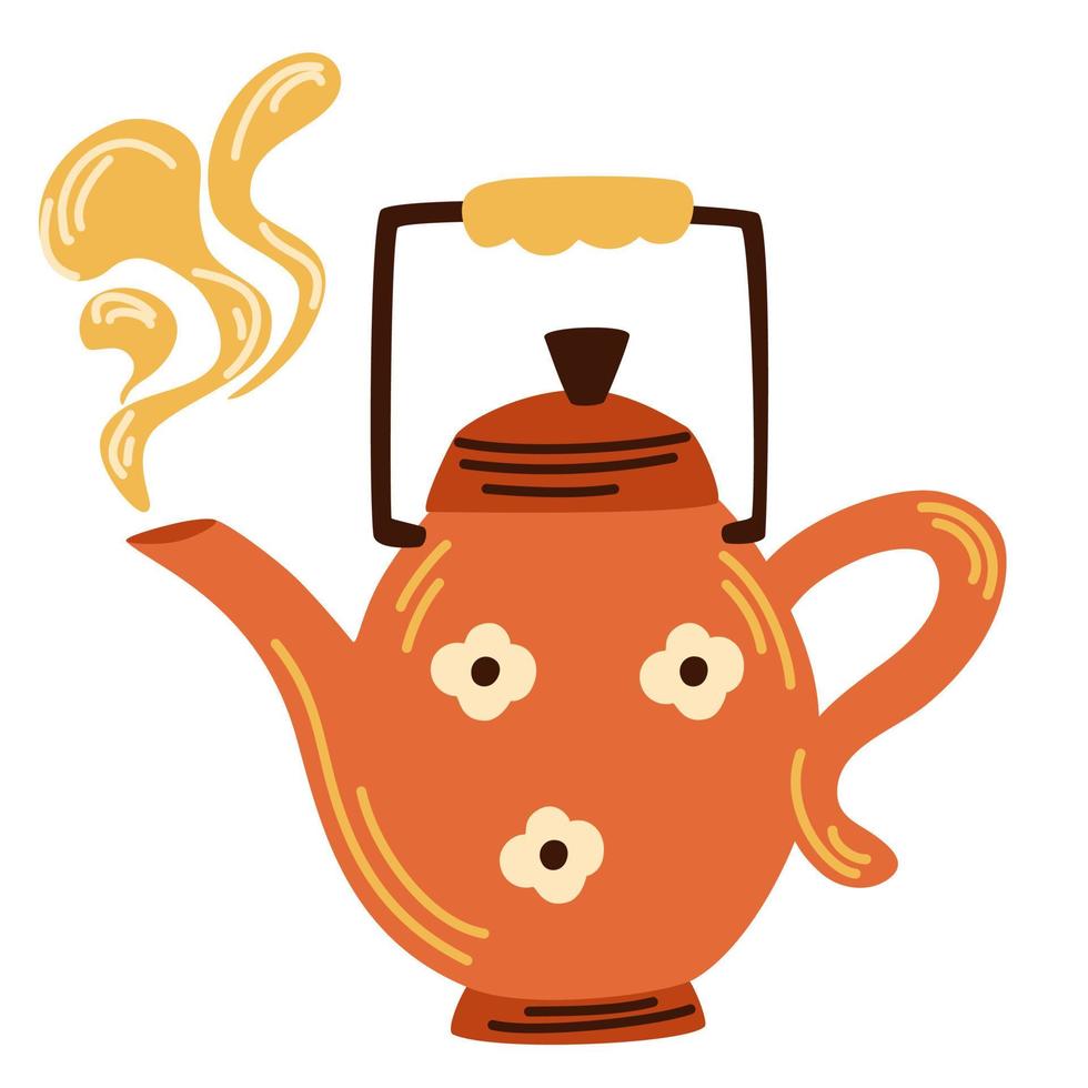 Teapot. Vintage tea kettle with hot steam. kitchen appliances. Vector illustration of the logo for a ceramic teapot, teapot on the white background.