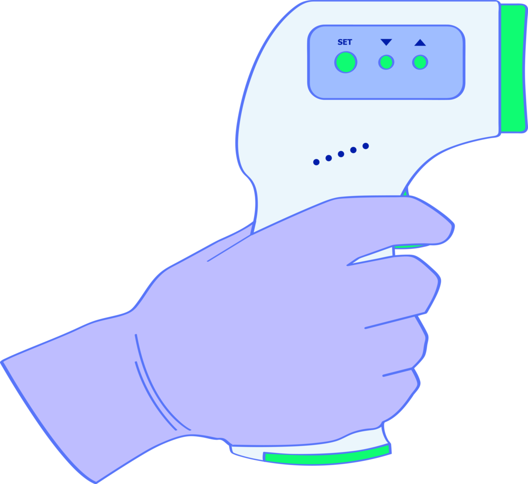 mano sosteniendo el termómetro de frente infrarrojo médico vista lateral derecha para la enfermedad de coronavirus detectada covid-19. png