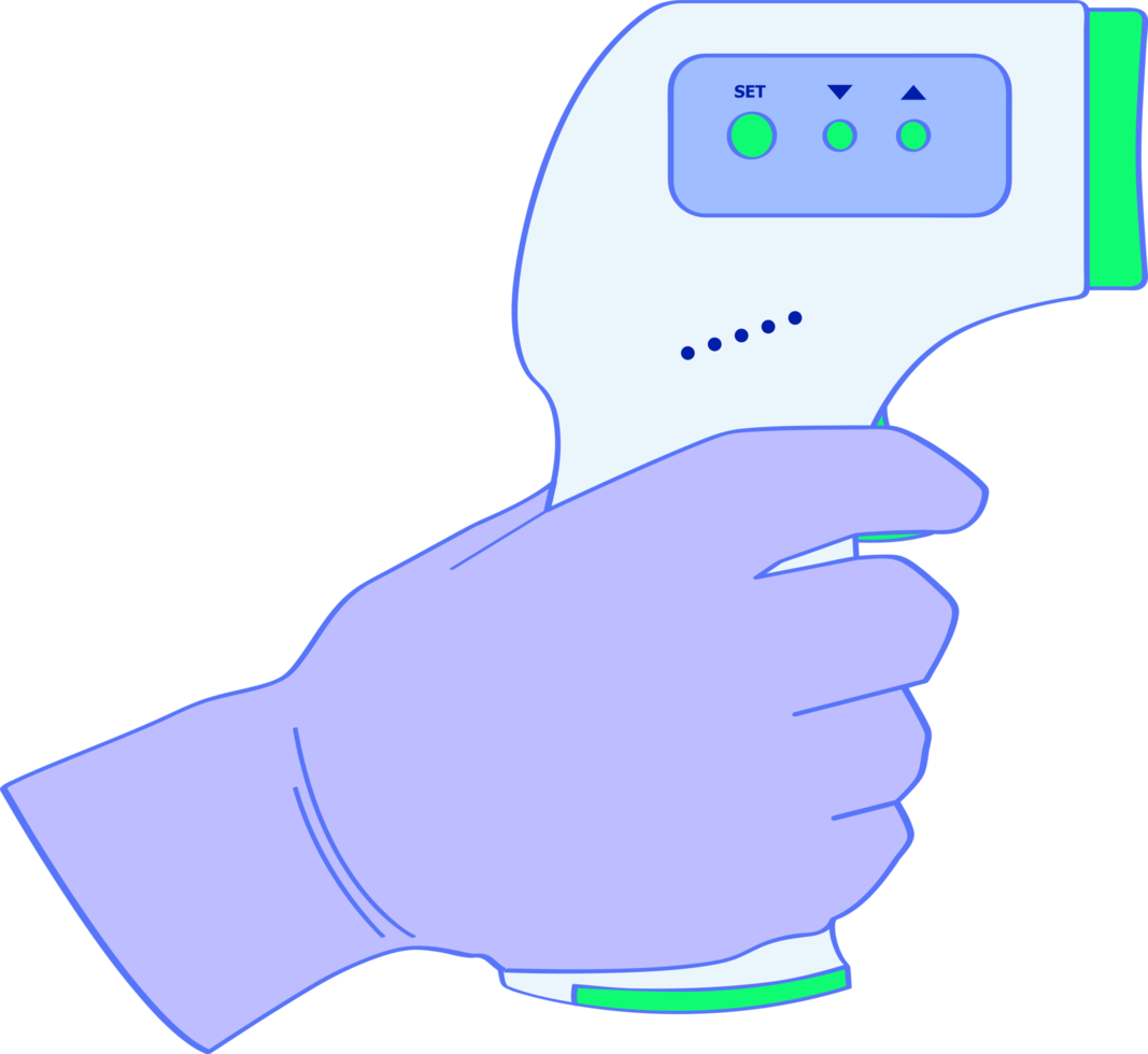 hand holding the medical infrared forehead thermometer right side view for detected coronavirus disease covid-19. png