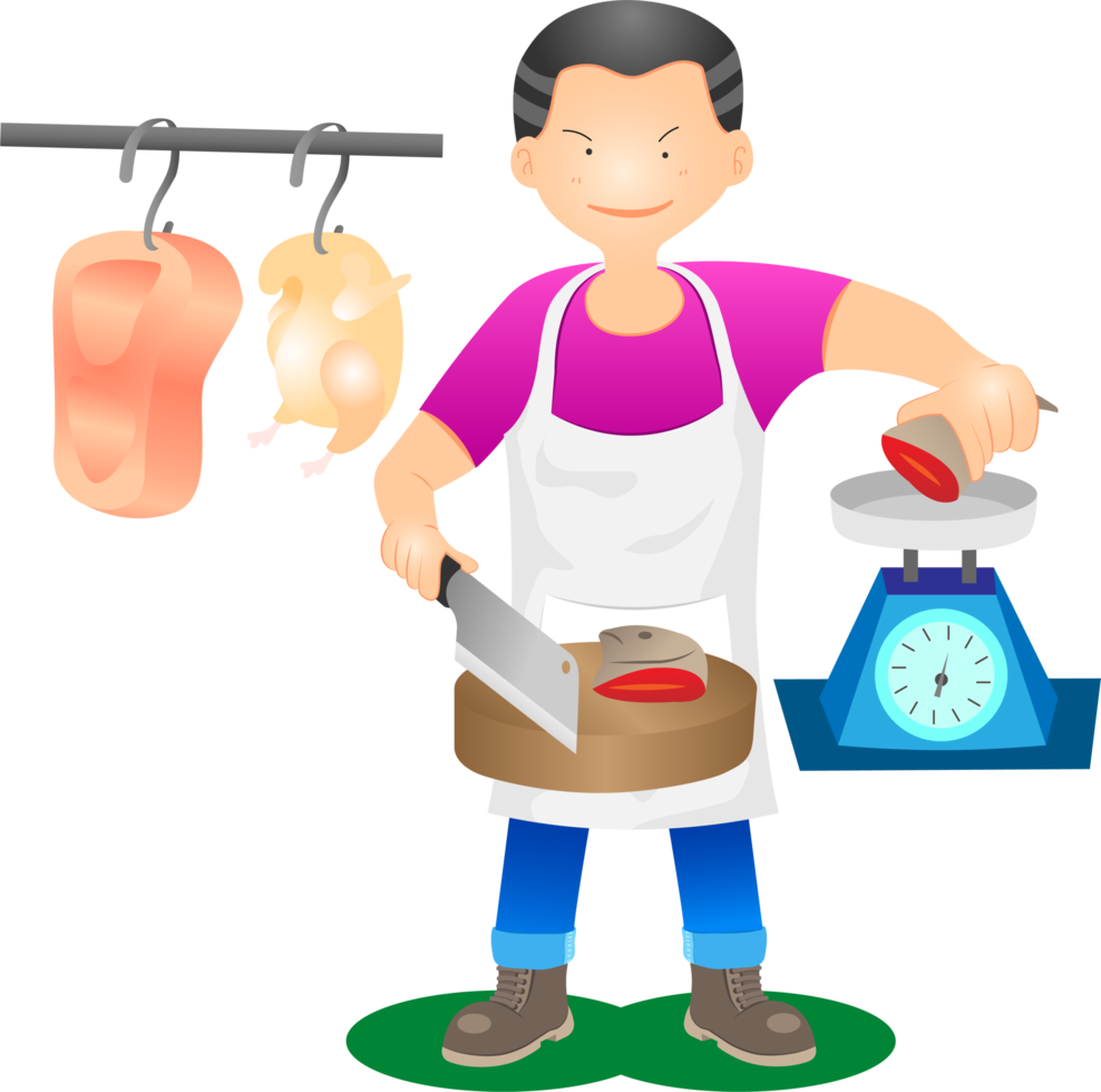 the merchant chef stand cut meat fish chicken and weigh for sell. png