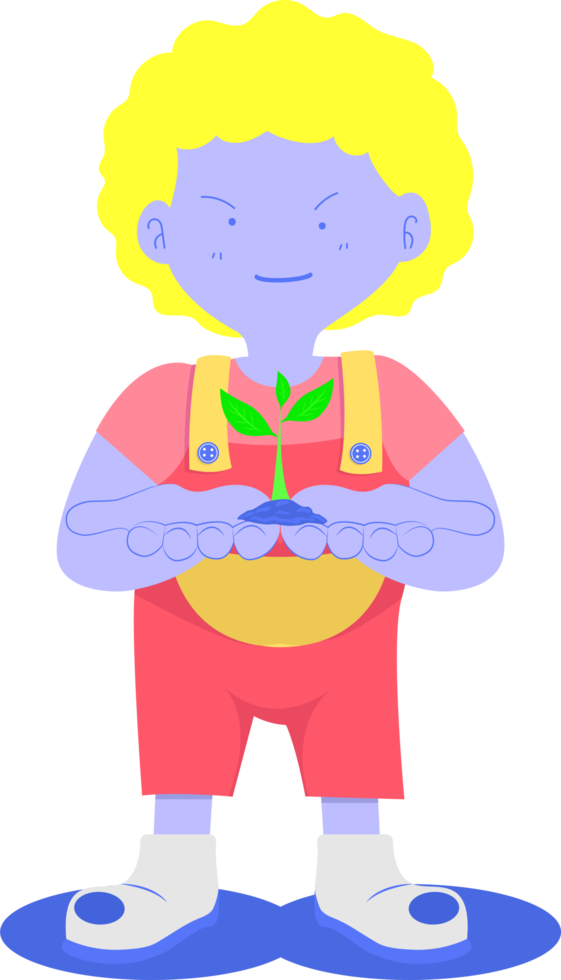 a yellow head kid standing holding a little tree png