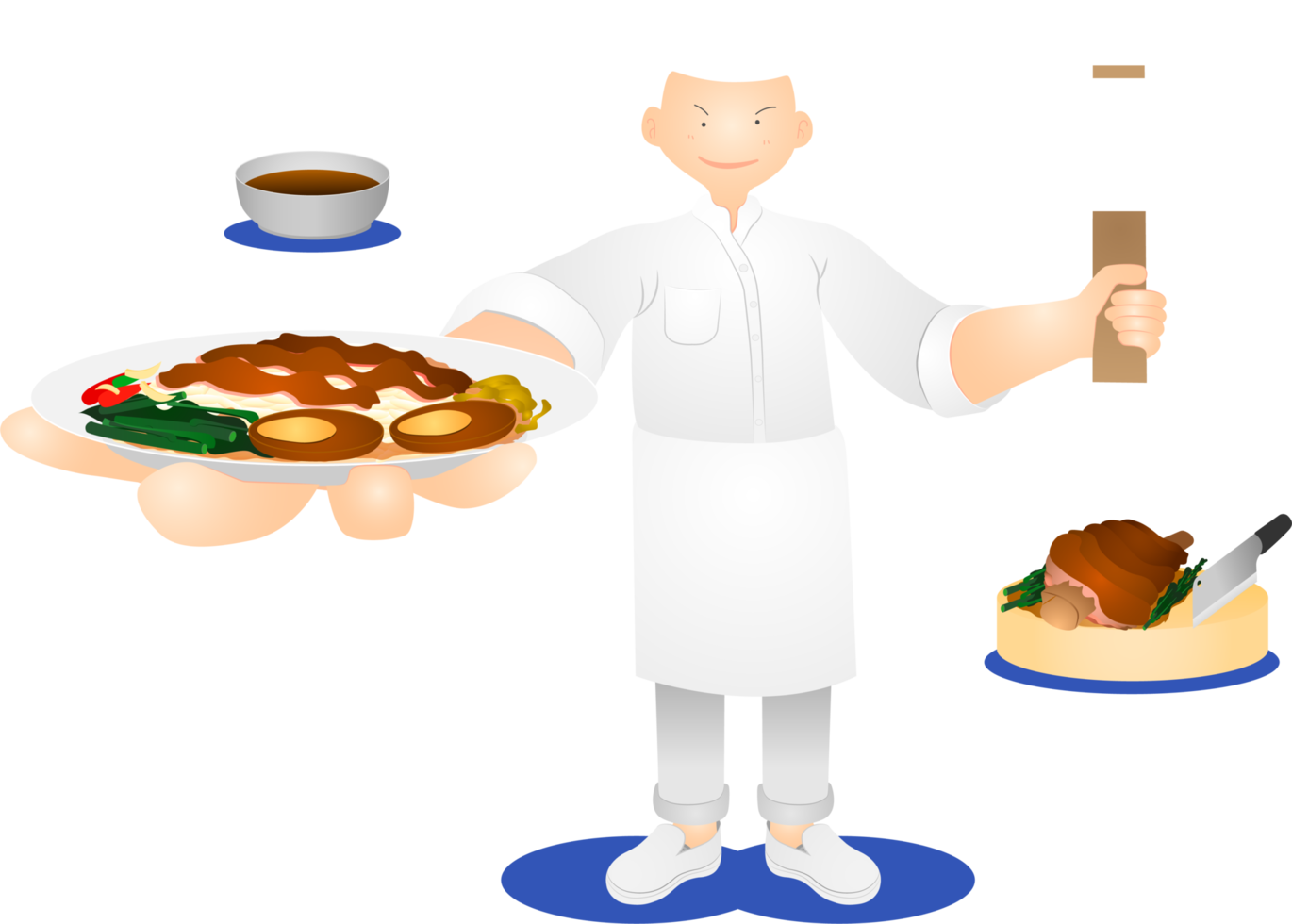 a white hair man chef standing and showing the delicious yummy palatable luscious dainty toothsome delectable scrumptious pork knuckle rice thailand food menu. png