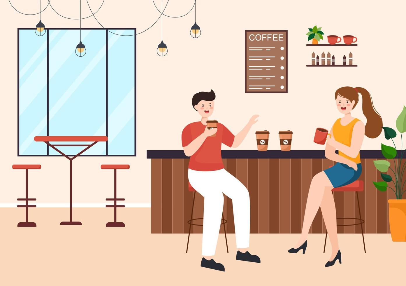 International Coffee Day on October 1st Flat Cartoon Illustration Hand Drawn with Cocoa Beans and People Drinking a Cup in Cafe vector