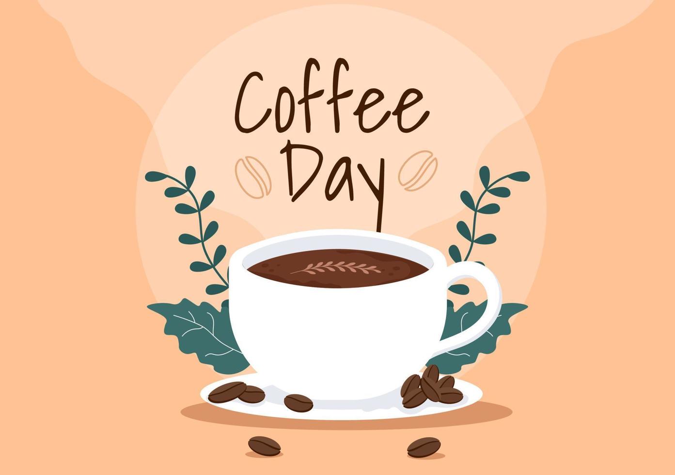 International Coffee Day on 1st October Hand Drawn Cartoon Flat Illustration with Cacao Beans and a Glass of Hot Drink Design vector