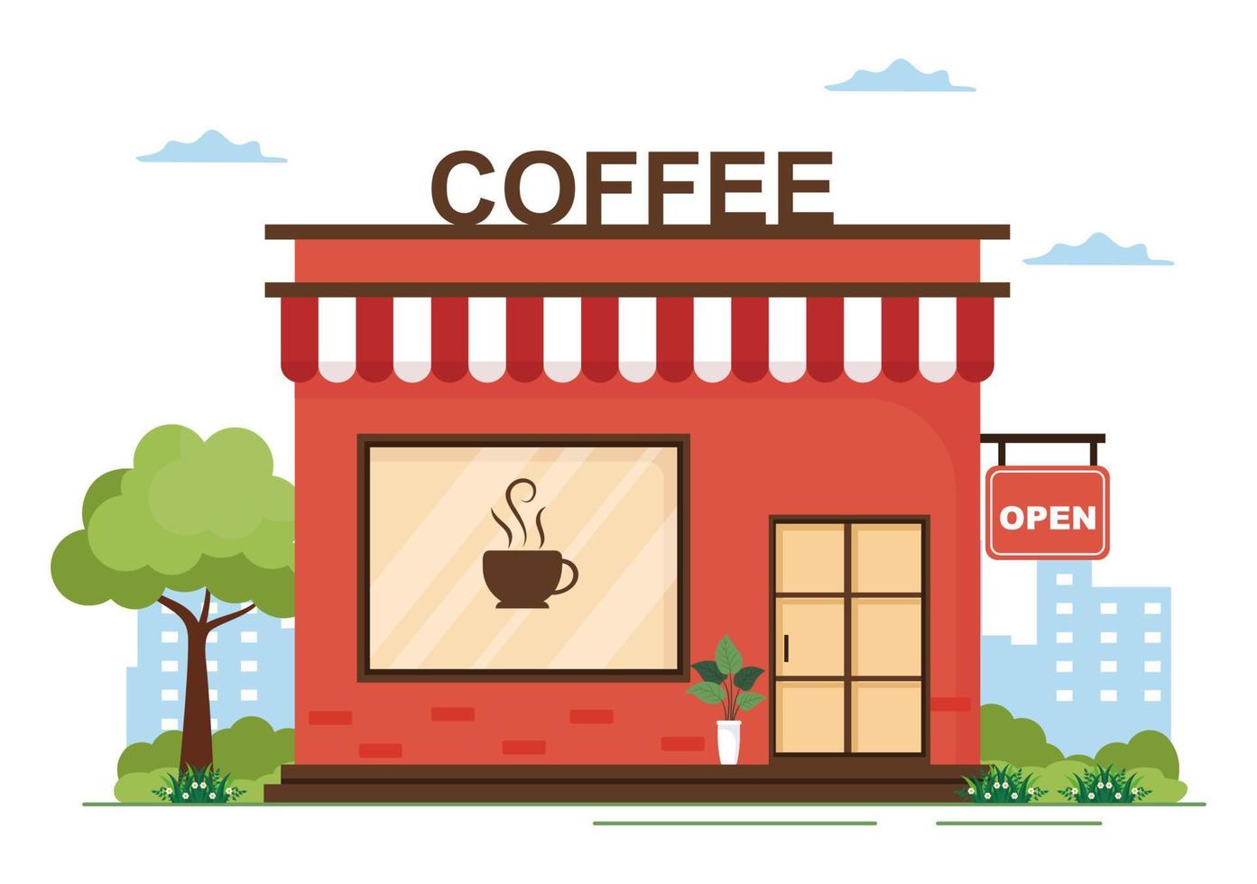 International Coffee Day on October 1st Flat Cartoon Illustration Hand drawn with Beverage Shop Building Design vector