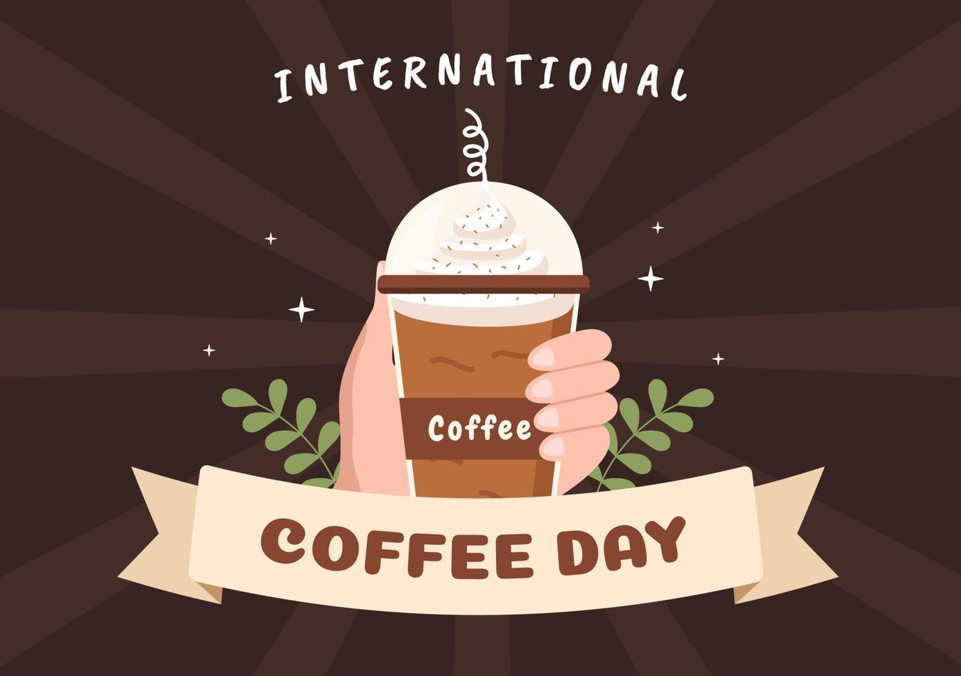 International Coffee Day on 1st October Hand Drawn Cartoon Flat Illustration with Cacao Beans and a Glass of Hot Drink Design vector