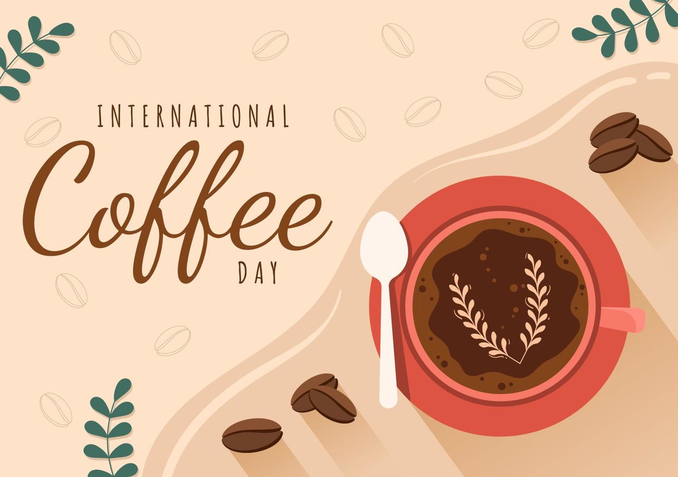 día internacional del café el 1 de octubre ilustración plana de dibujos animados dibujados a mano con granos de cacao y un vaso de diseño de bebida caliente vector