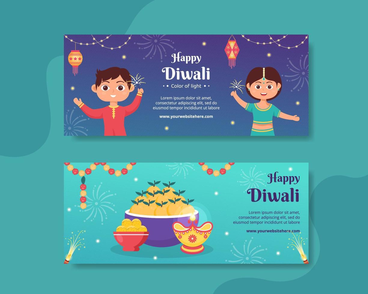 indio celebrando el día de diwali plantilla de banner horizontal dibujado a mano ilustración plana de dibujos animados vector