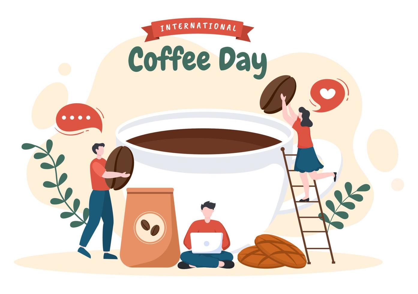 International Coffee Day on October 1st Flat Cartoon Illustration Hand Drawn with Cocoa Beans and People Drinking a Cup in Cafe vector