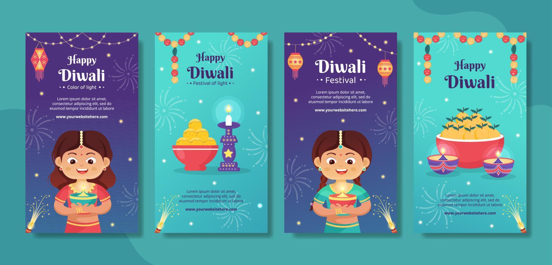 Indian Celebrating Diwali Day Social Media Stories Template Hand Drawn Cartoon Flat Illustration vector